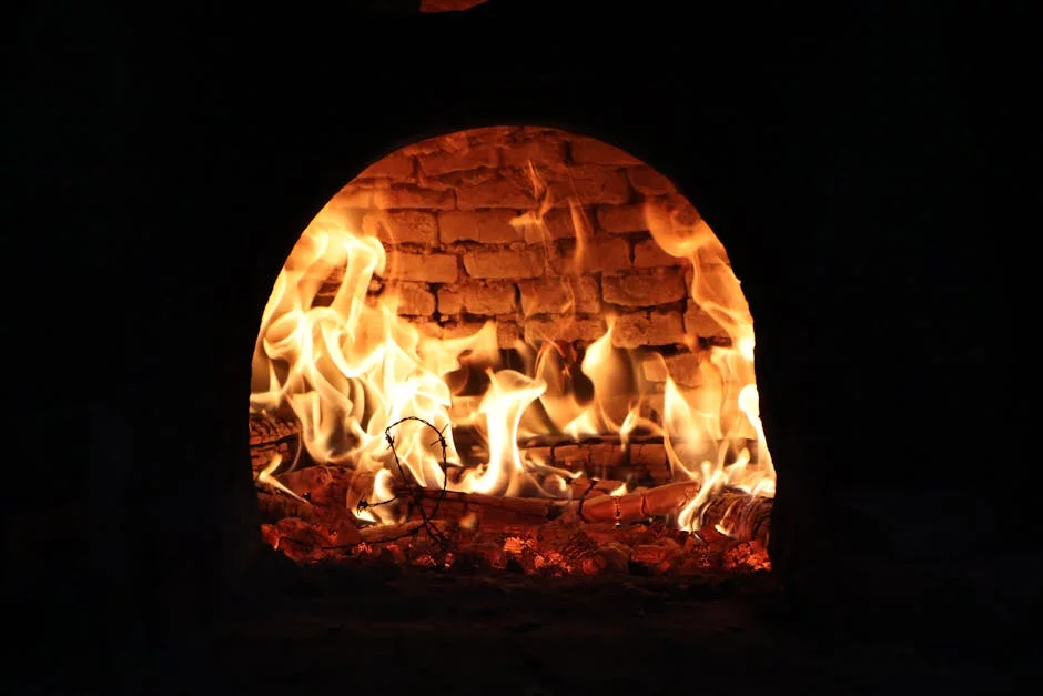 wood fired brick oven pizza flames